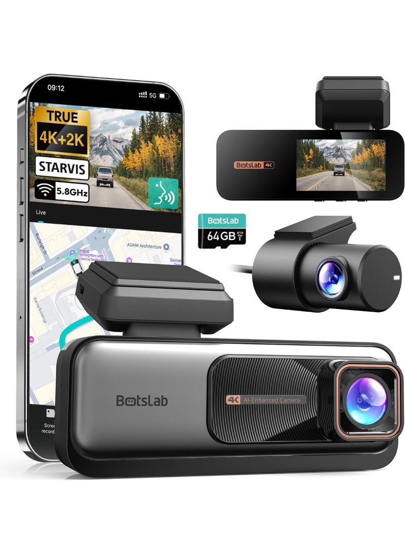 بوتسلاب كاميرا أمامية وخلفية مزدوجة من BOTSLAB بدقة 4K+2K، مزودة بتحكم صوتي، ونظام STARVIS، وتنبيهات نظام مساعدة السائق المتقدم (ADAS)، ورؤية ليلية فائقة الوضوح، ومراقبة ركن السيارة على مدار الساعة، وواي فاي 5.8 جيجاهرتز ونظام تحديد المواقع العالمي (GPS)، وبطاقة ذاكرة 64 جيجابايت مجانية، وتسجيل متواصل - Image 1